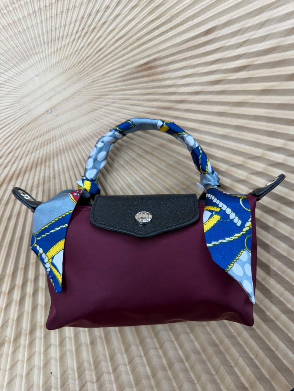 Women's Burgundy Top-Handle Bag with Patterned Scarf Accent